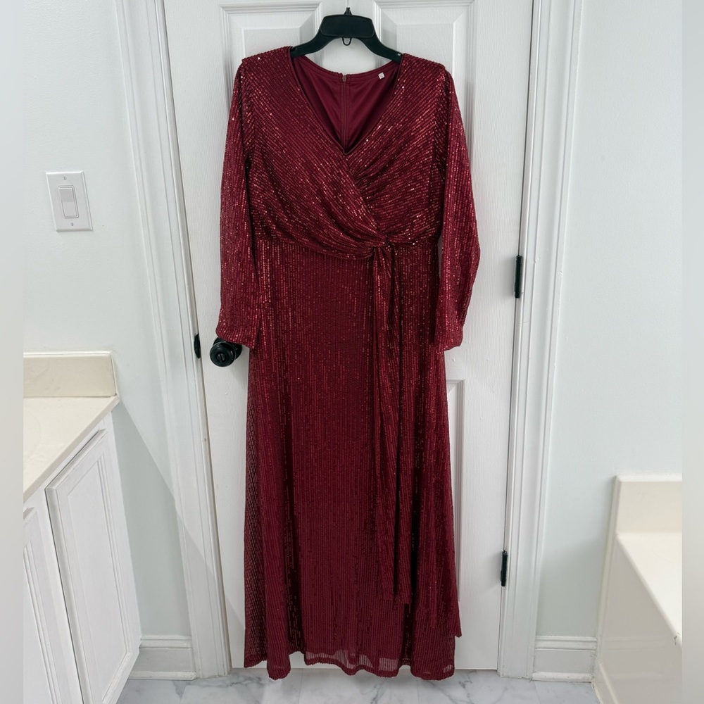 Women’s Elegant Formal Burgundy Red Sequin Gown Dress NWT